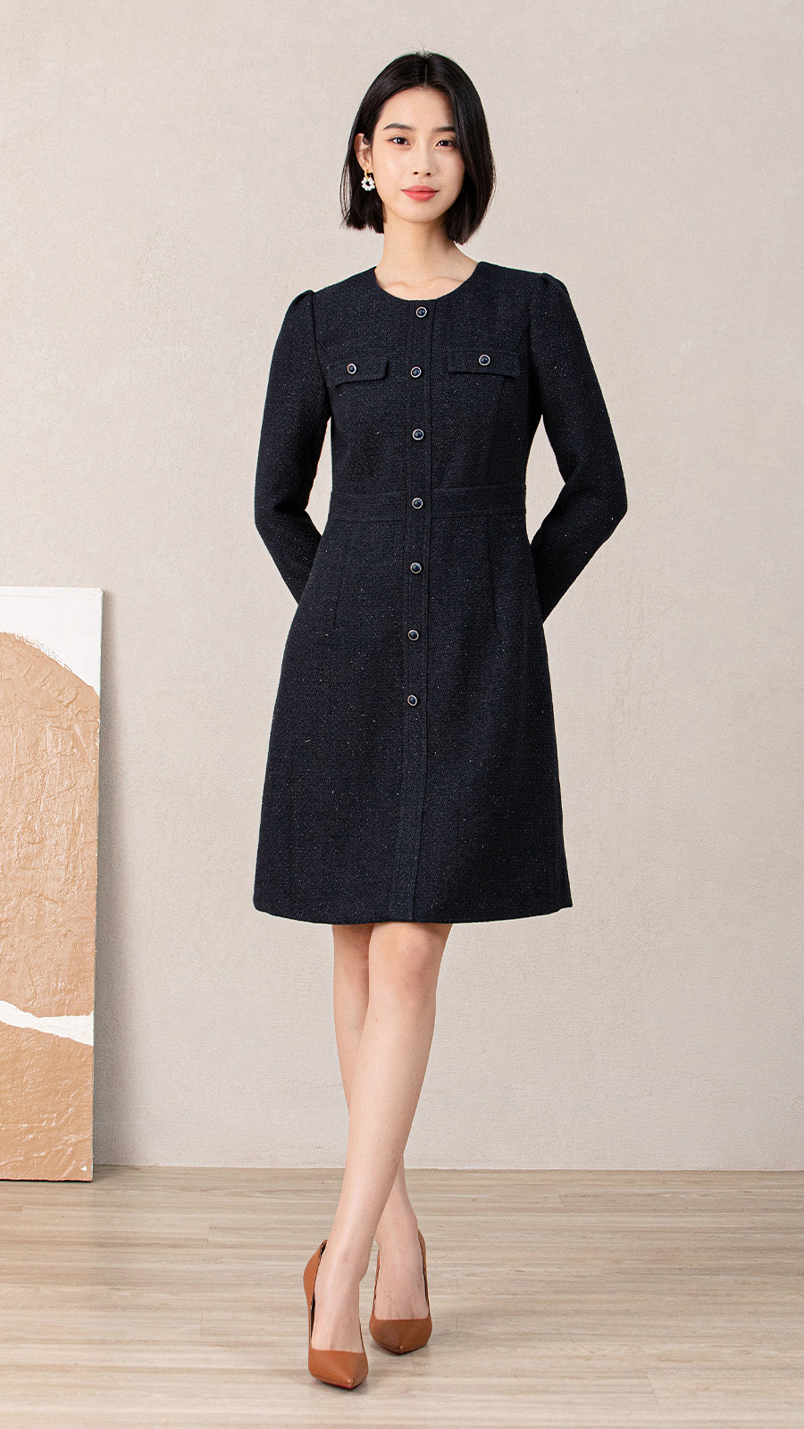 Women's Knee-Length Woolen Woven Natural Waist Button Detail Daily Office Lady Winter Long Sleeve Dress