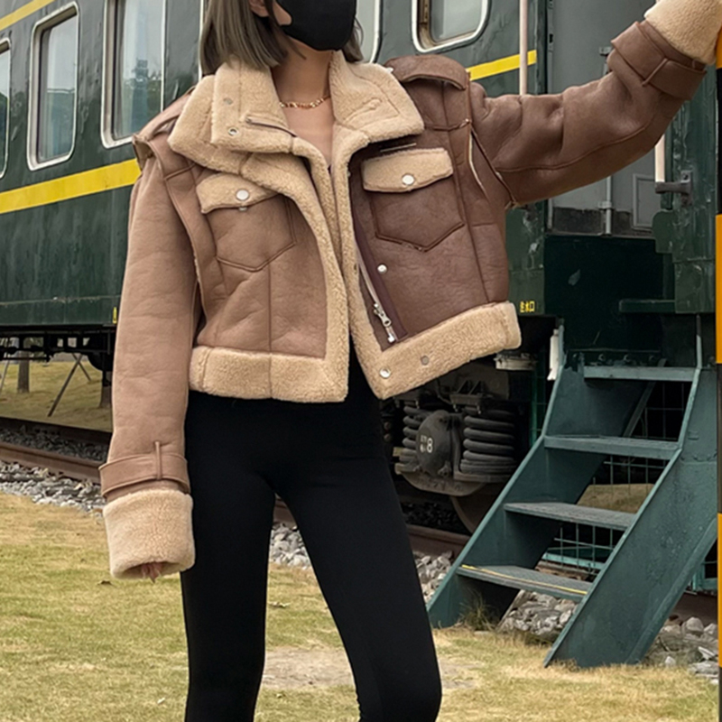 Plus Size Vintage Lady Faux Leather Polar Fleece Fur Shearling Sherpa Oversized Women's Cropped Coat Motorcycle Biker Jacket