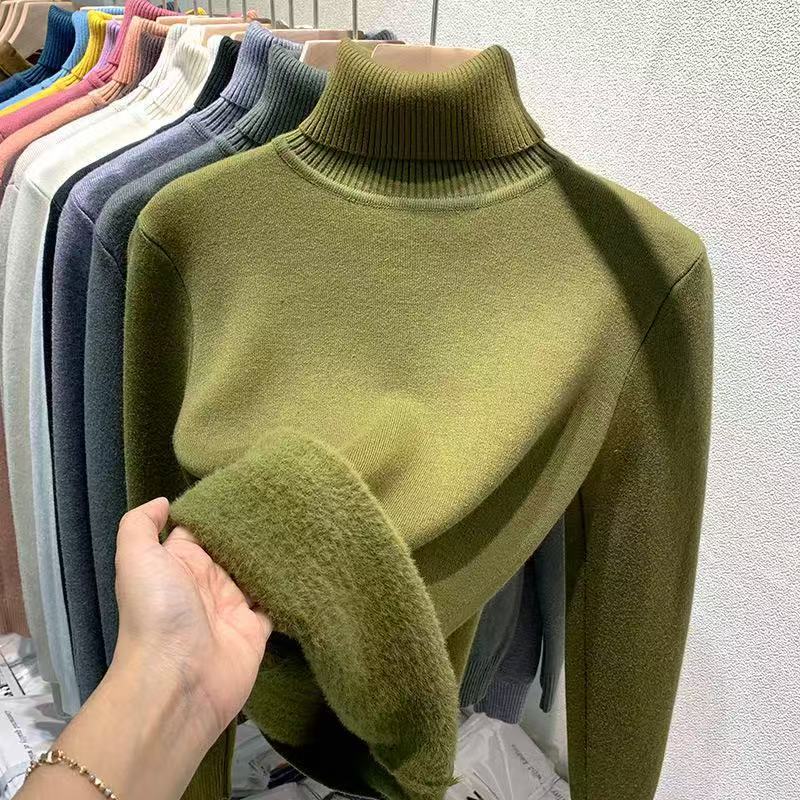 Women's Knit Tops Casual Turtleneck Thick Sweater Top with Long Sleeves Autumn Winter Solid Slim Fleece Pullover Top for Spring