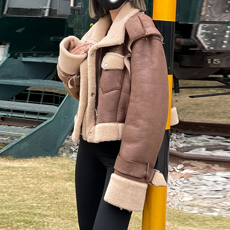 Plus Size Vintage Lady Faux Leather Polar Fleece Fur Shearling Sherpa Oversized Women's Cropped Coat Motorcycle Biker Jacket