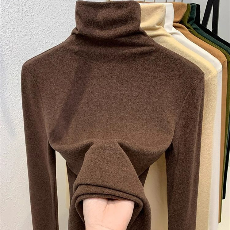 RUICHI 230GSM 1*1 Rib German Velvet Women's Thermal Top, Turtleneck Solid Color Brushed Blank Base Layer T-Shirt