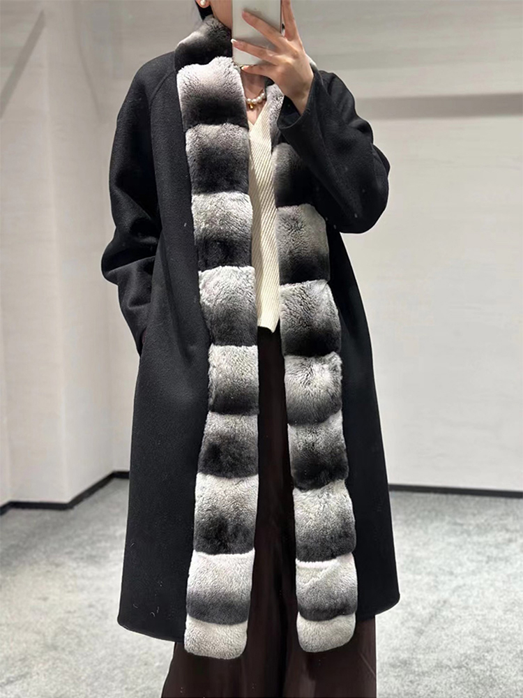 2025 Luxury Design Double Face Cashmere Coat Women Autumn Winter Wool Blend Overcoat Rex Rabbit Fur Placket