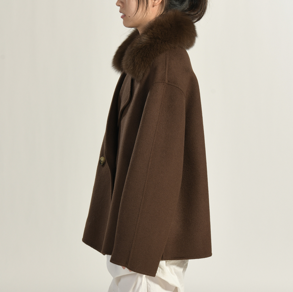 Jxwatcher Winter Real Fox Fur Collar Thick Overcoat Women's Cashmere Wool Double Faced Solid Color Coat with Belt Closure