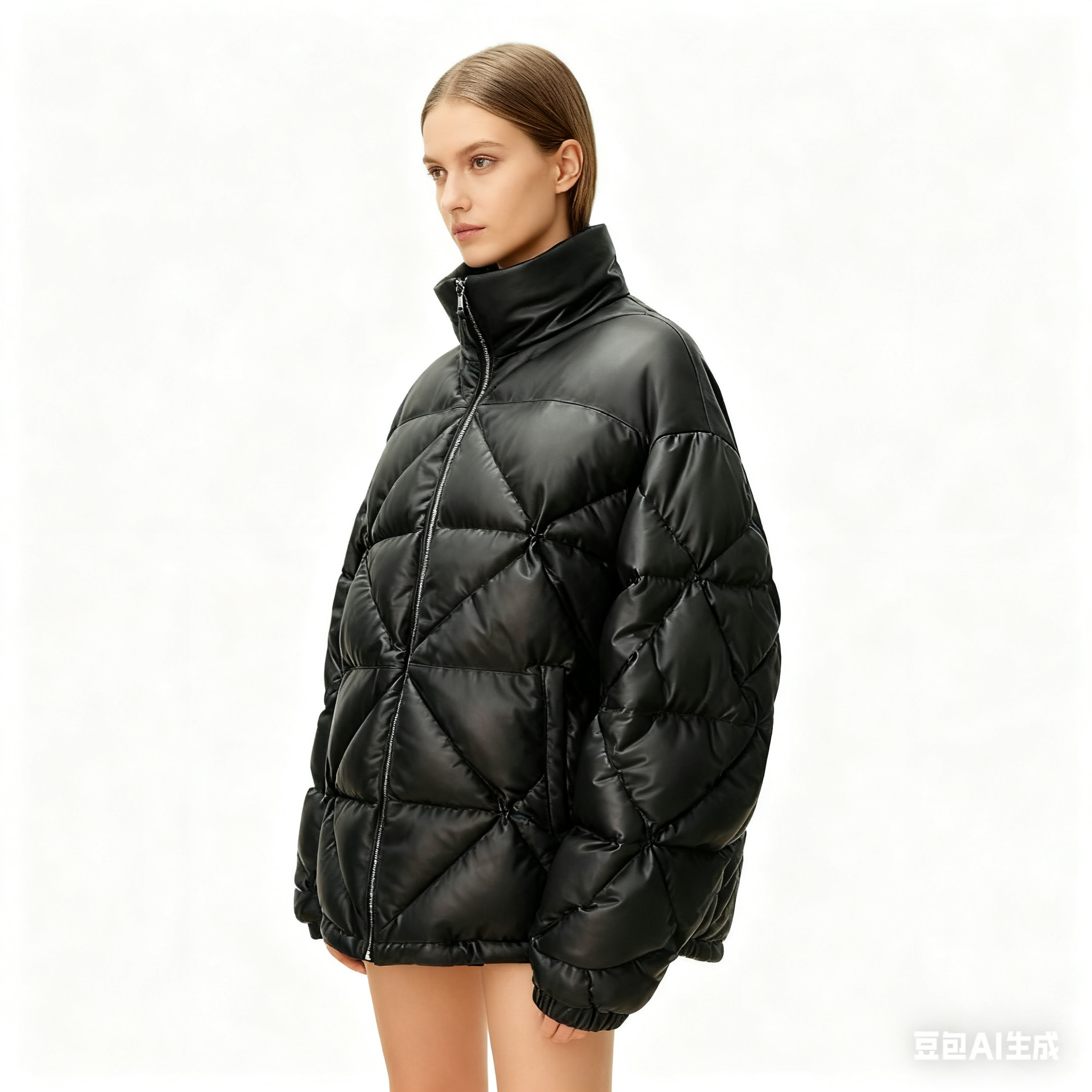 Women's Mid-Length Leather Down Jacket - Thick Diamond Quilted Puffer Coat, Warm Winter Outerwear