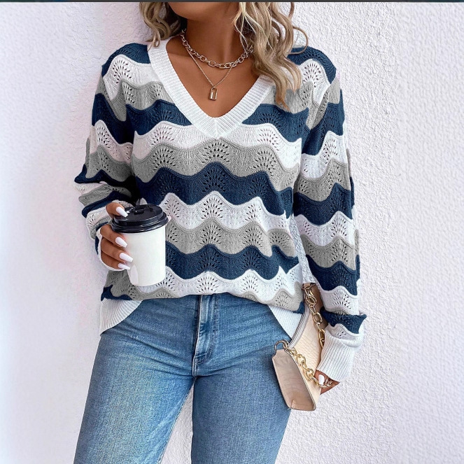 Factory Made Womens V Neck Hollow Knit Sweater Thin Polyester Casual Loose Plus Size Autumn Winter Style