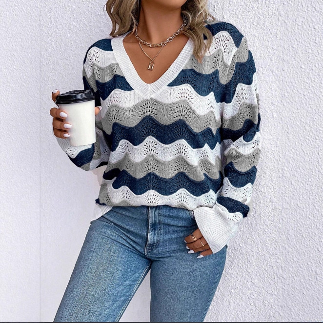 Factory Made Womens V Neck Hollow Knit Sweater Thin Polyester Casual Loose Plus Size Autumn Winter Style