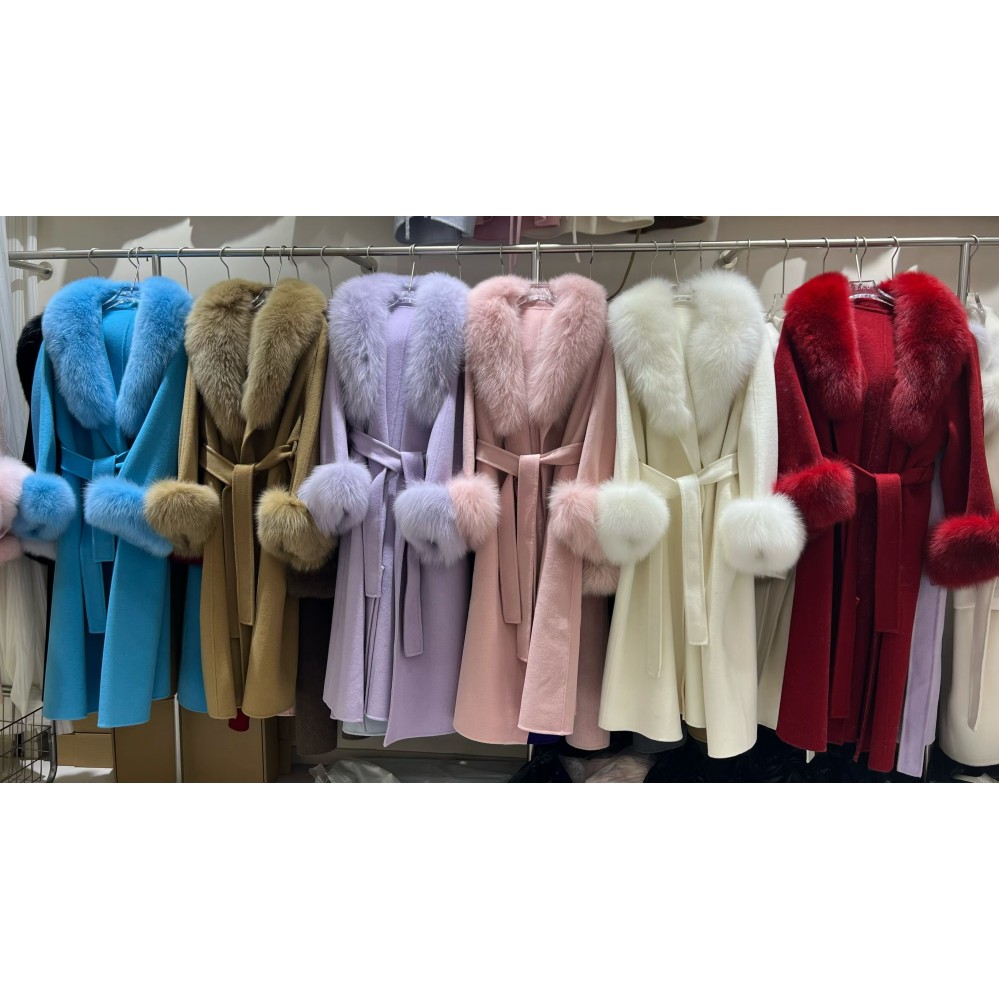 RXFurs Autumn Winter Thick Warm Elegant Long Style Fancy Design Big Fox Fur Collar Women 100% Wool Overcoat Cashmere Fur Coat