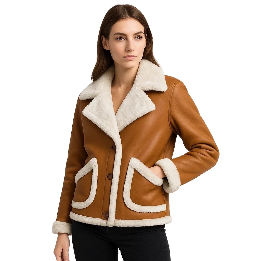 Women's Genuine Sheep Leather RAF Bomber Jacket with Knitted Fake Fur Shearling Dyed Customized Color &amp; Logo