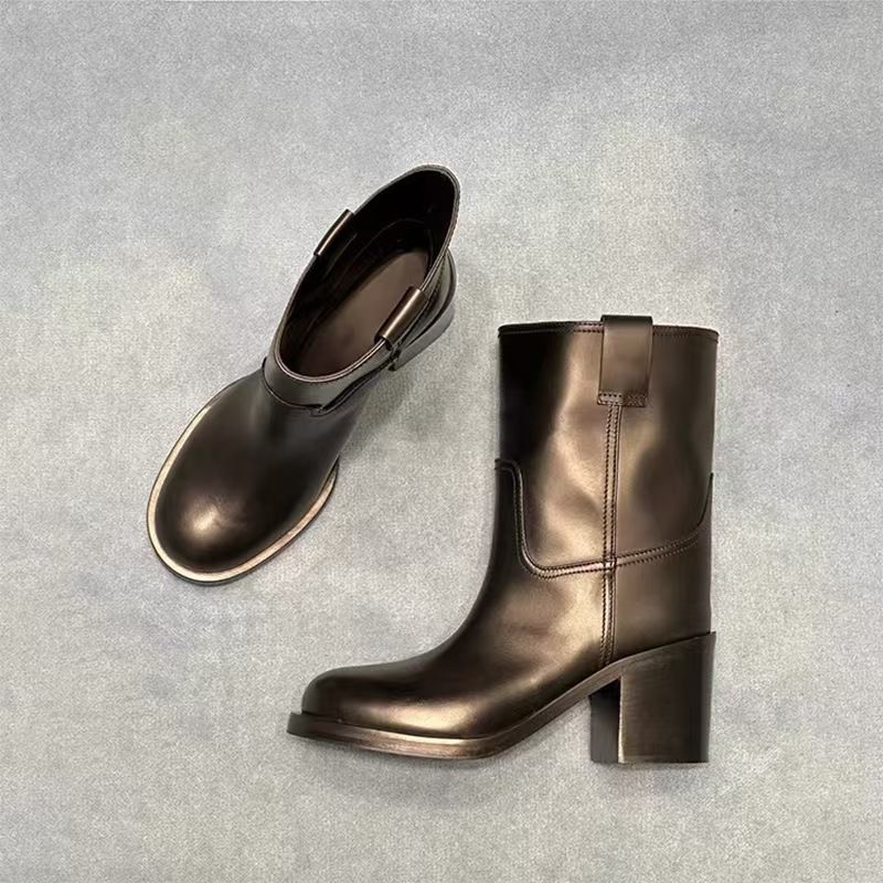 Manufacturer Winter Cowboy Wide Shaft Ladies Heel Boots Fashion Round Toe Vegan Leather Block Heel Women Mid Calf Western Boot