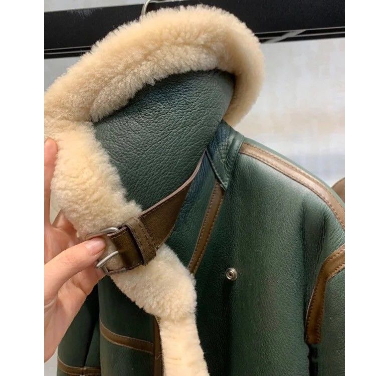 Women Winter Faux Fur Leather Jacket Large Lapel Shearling Motorcycle Jacket