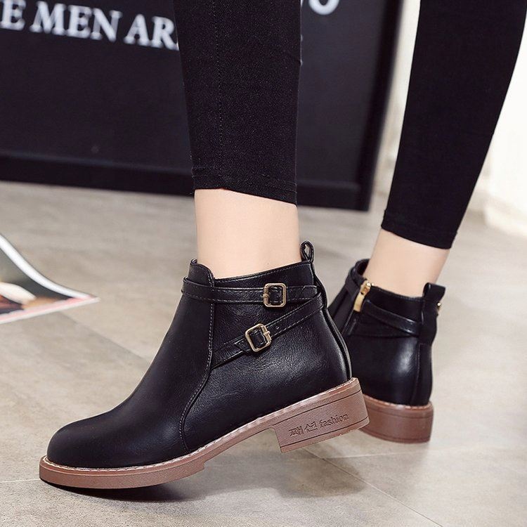 Autumn and Winter New Low-heeled Belt Ankle Large Size Leather Women's Boots Wholesale Ankle Boots Low Heel