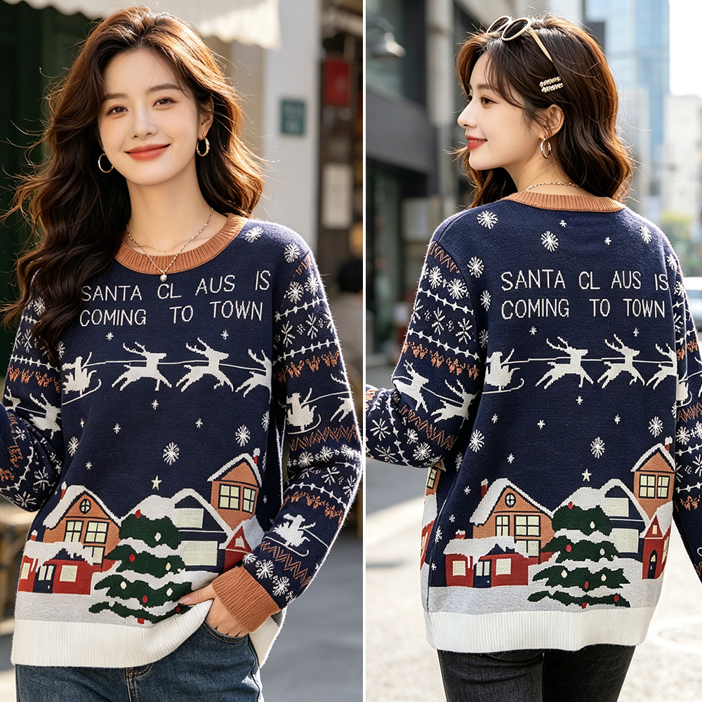 Hot Selling Custom Women's Cotton Knitted Sweater Crew Neck Ribbed Jacquard Pattern Casual Winter Long Sleeve Wool Pullover