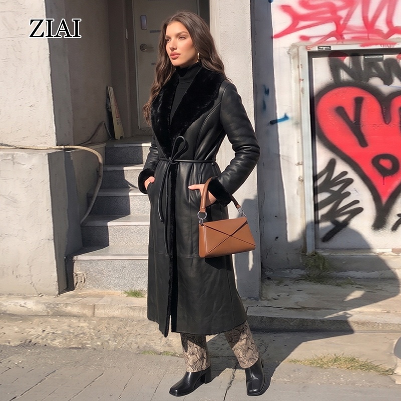 Women's Long Black Leather Coat with Fur Trim |Faux Shearling Trench Jacket, Winter Warm Belted Overcoat for Streetwear &amp; Casual