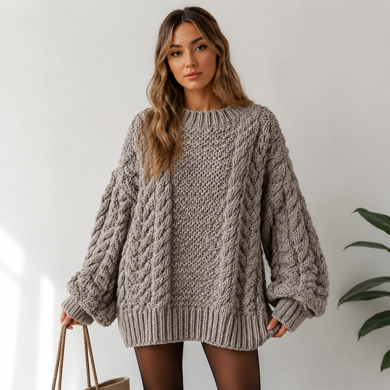 Women's Chunky Cable Knit Sweater Crew Neck Oversized Ribbed Hem Soft Warm Winter Pullover Fashion Knitwear OEM ODM
