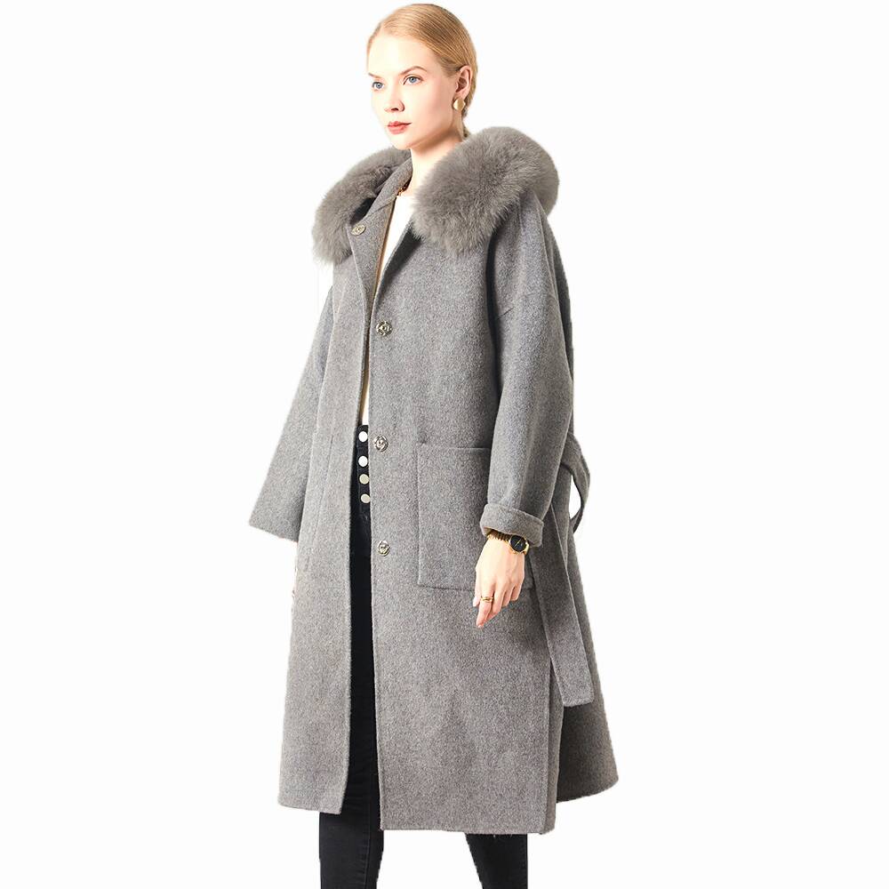 Lambskin Coat Ladies Fashion Fox Fur Collar Sheep Fur Overcoat Jacket Winter Long Pure Wool Luxury Cashmere Coat for Women