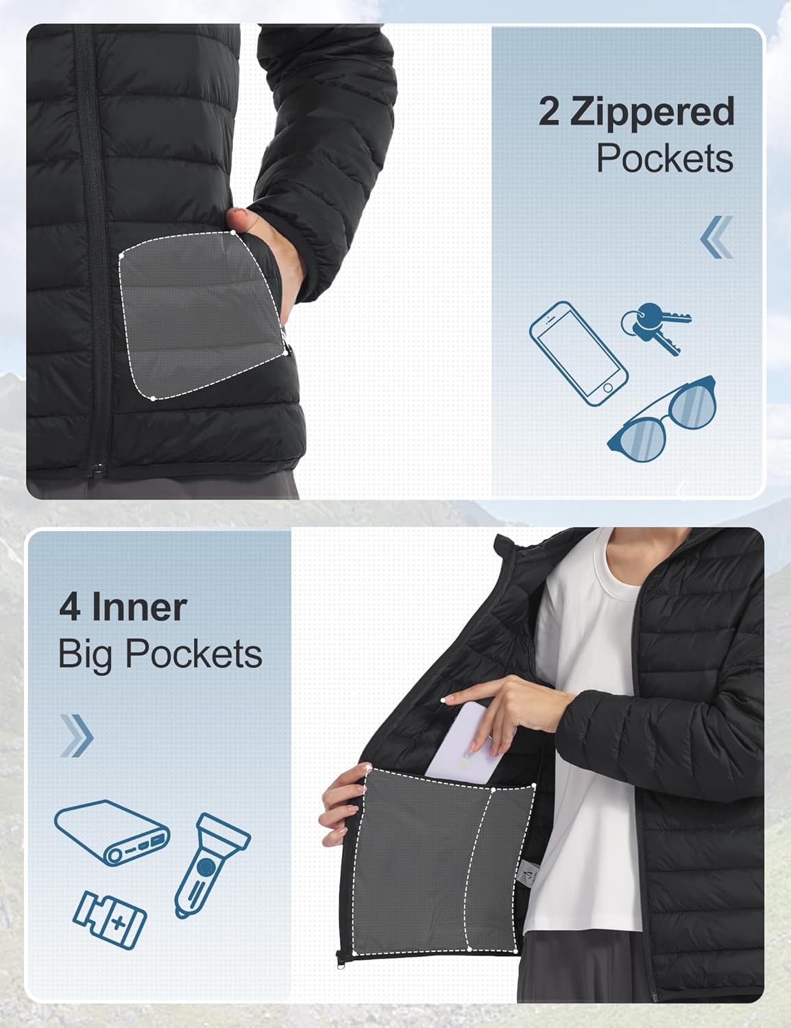 Women's Breathable Lightweight Packable Puffer Jacket Quilted Insulated Warm Winter Coat Full-Zip Hooded Outerwear Hiking Travel