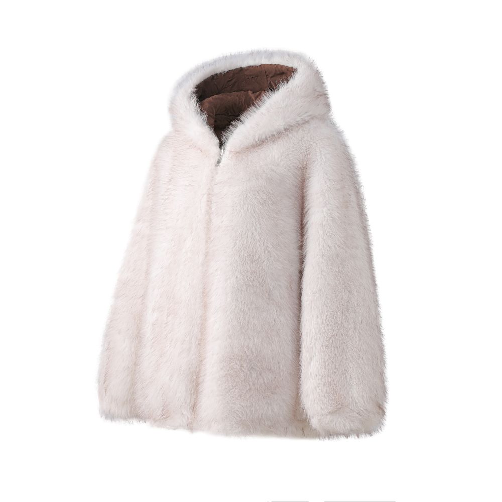 Women's Winter Short Woven Faux Fur Parka Slim Vintage Bamboo Fiber Breathable Thick Jacket Hood Single Breasted Closure Raw