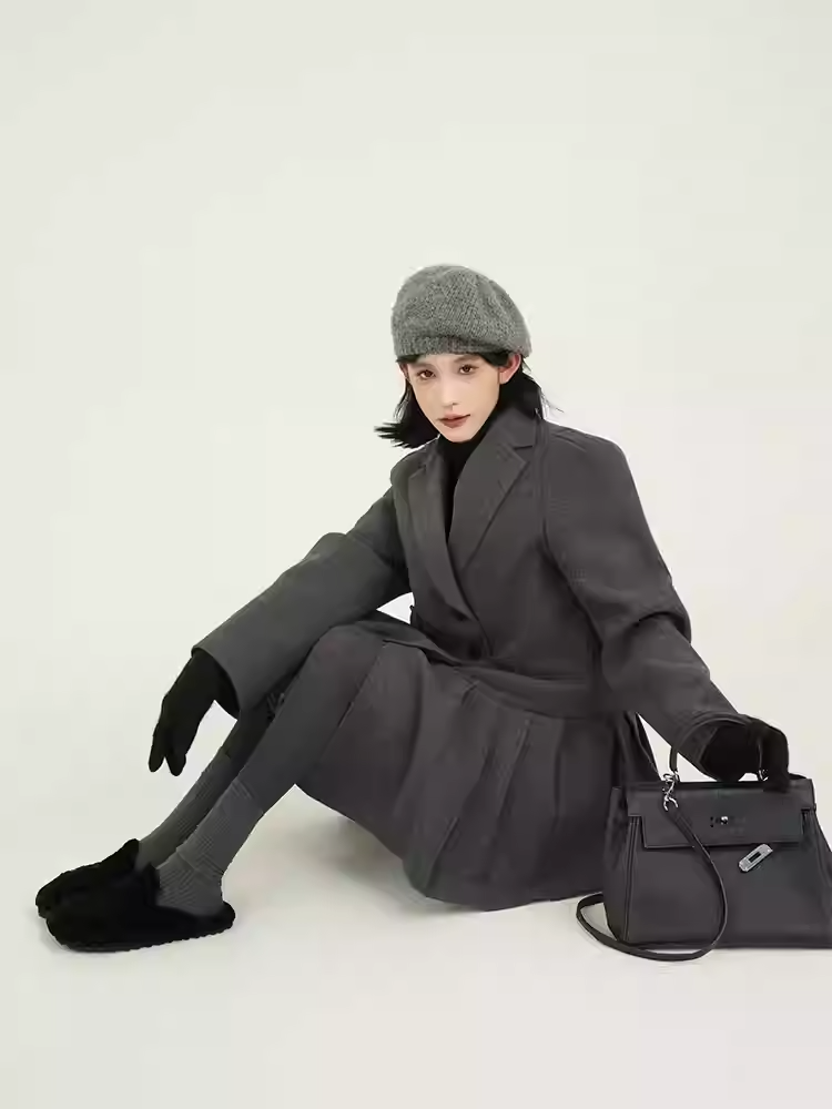Grey Thickened Lapel Long-sleeved Suit Dress for Women, Autumn and Winter, Korean Design Sense, Loose Woolen Short Skirt