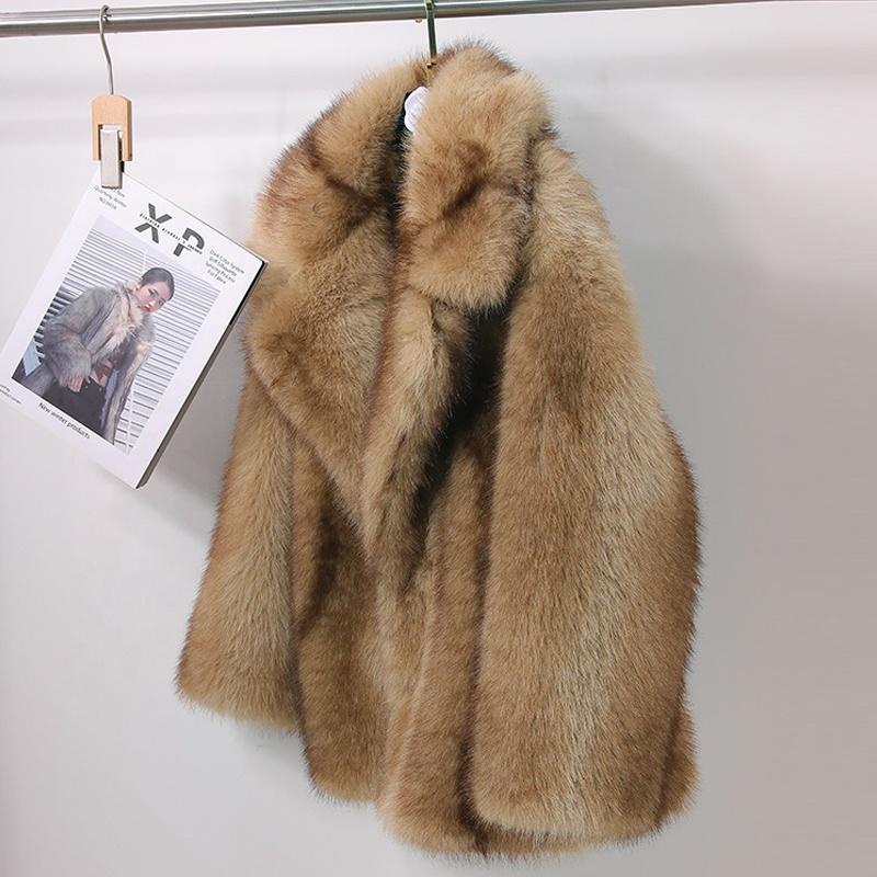 Zeyu Luxury Gradient Brown Faux Fox Fur Coat For Women Turn-down Collar Regular Length Winter Warm Eco-friendly Windproof Button