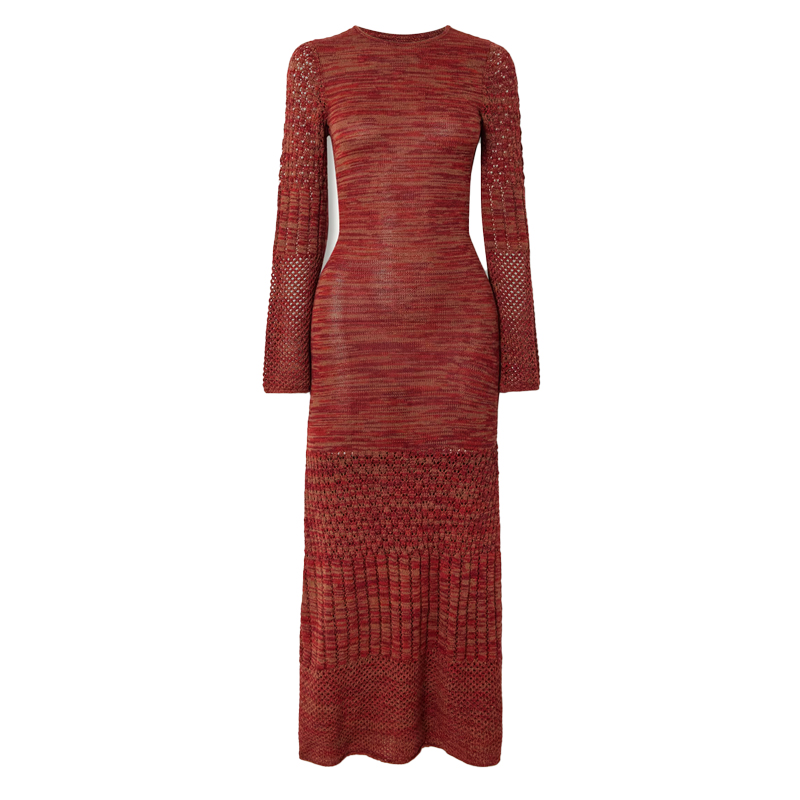 Knitwear Manufacturer Custom Autumn Winter Red Crew Neck Long Sleeved Women's Knit Sweater Midi Dress