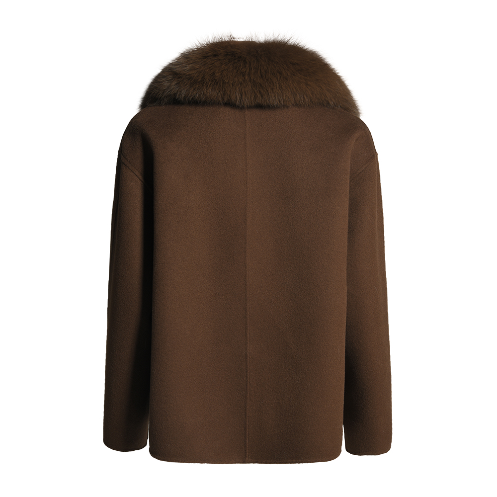 Jxwatcher Winter Real Fox Fur Collar Thick Overcoat Women's Cashmere Wool Double Faced Solid Color Coat with Belt Closure