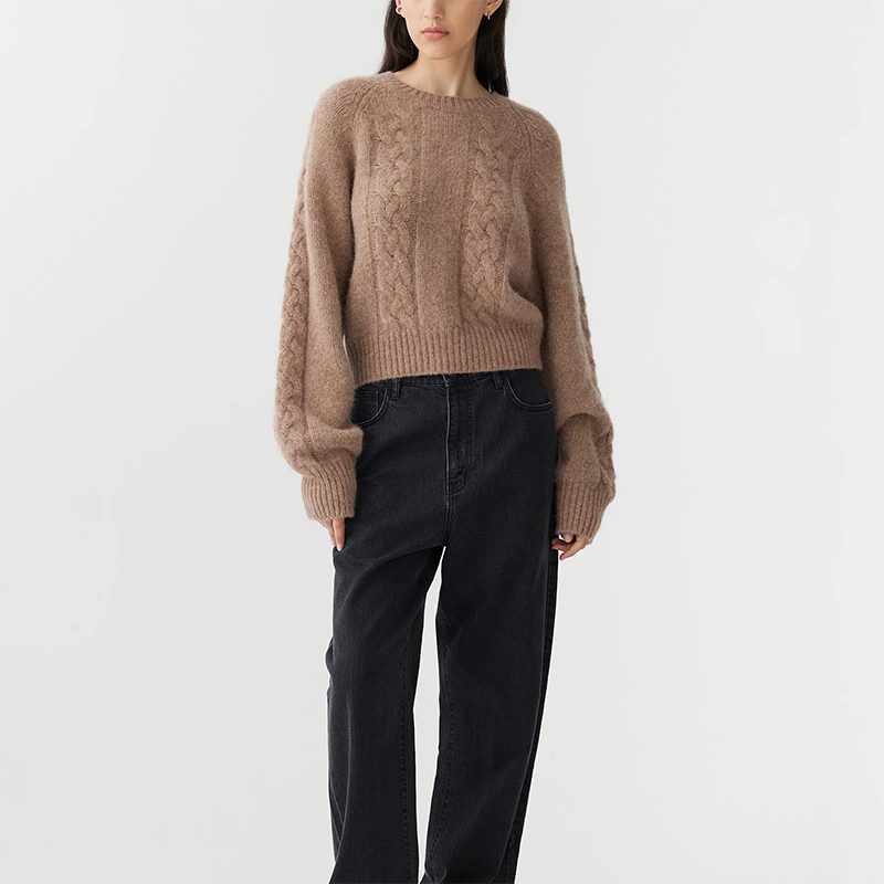 High Quality 100%l Cashmere Women's Cable Knitting Pullover Round Neck Knitwear Loose Fit Winter Decorative Zip Sweater