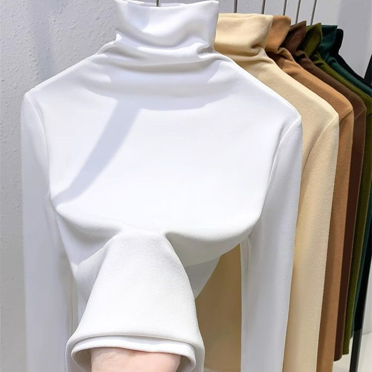 RUICHI 230GSM 1*1 Rib German Velvet Women's Thermal Top, Turtleneck Solid Color Brushed Blank Base Layer T-Shirt