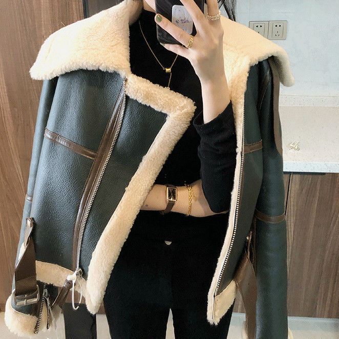 Women Winter Faux Fur Leather Jacket Large Lapel Shearling Motorcycle Jacket