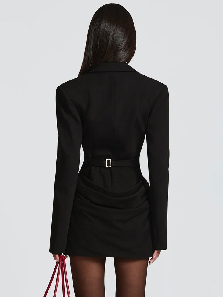Double Layer Ruched Sexy Blazer Dresses With Scarf Women Autumn Winter Fashion Long Sleeve Club Party Mini Dress