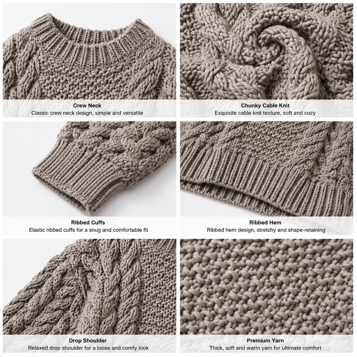 Women's Chunky Cable Knit Sweater Crew Neck Oversized Ribbed Hem Soft Warm Winter Pullover Fashion Knitwear OEM ODM