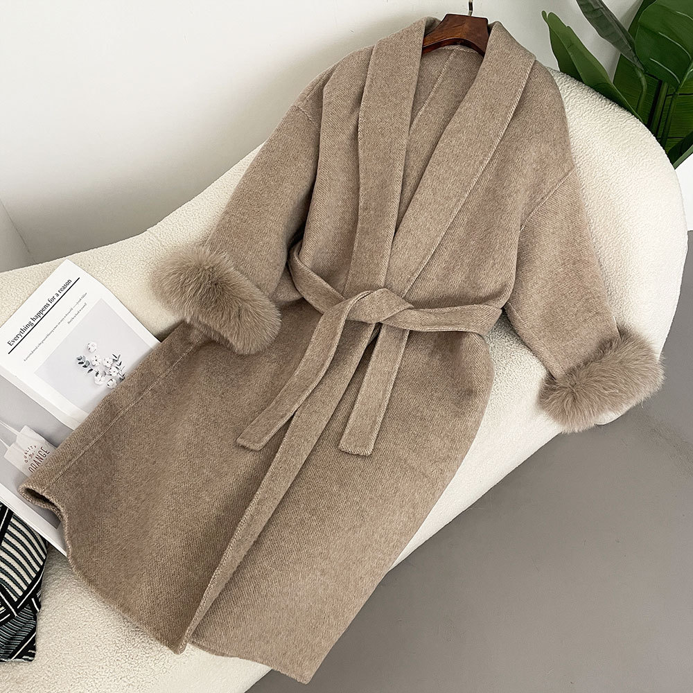 2025 Luxury Women's Double-Faced Woolen Coat Elegant Belted Robe Long Fox Fur Sleeves Casual Cashmere Overcoat for Autumn Winter