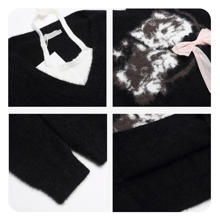 Joychuang Women's American Lazy Style Knitted Top with Neck Strap Unique Design Sweet Loose Fit Sweater