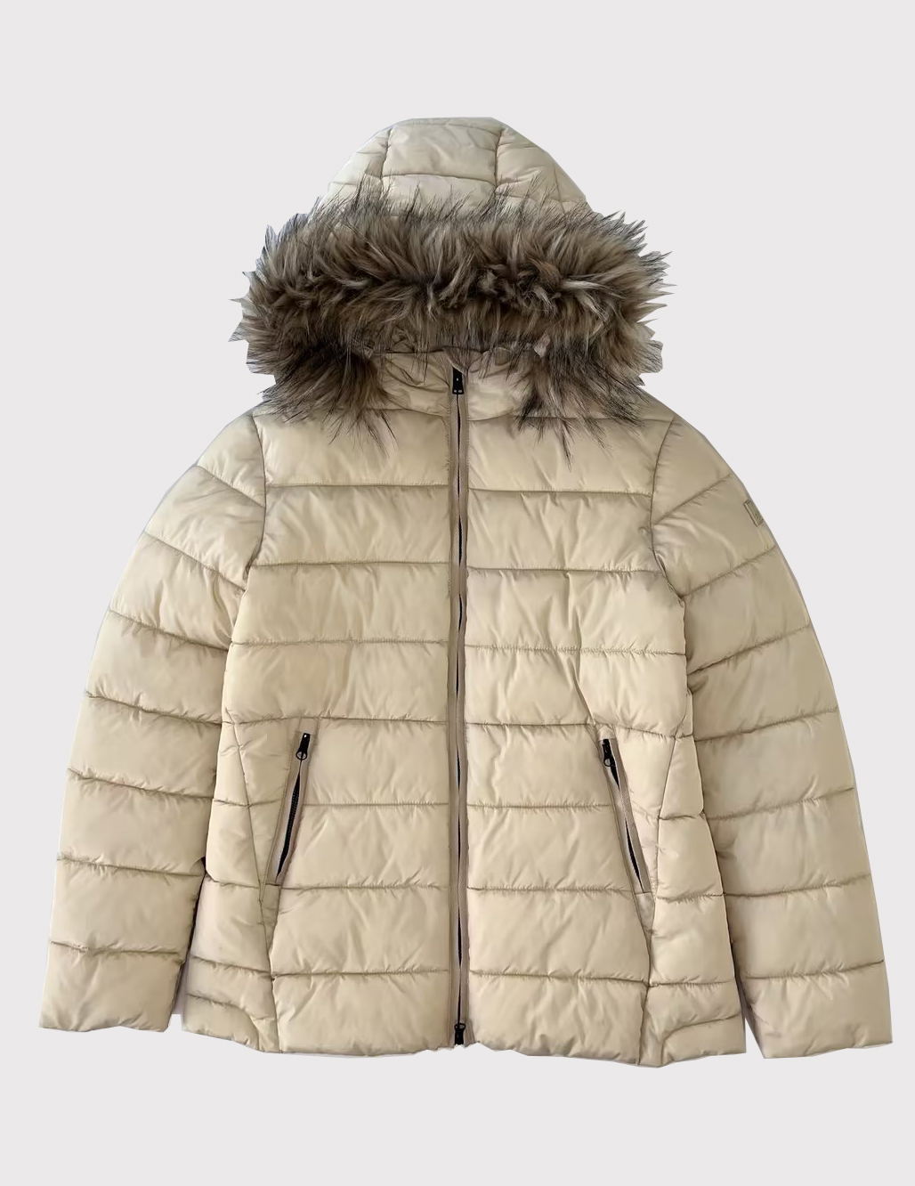 Light Beige Hooded Classic Women's Polyester Trench Parka with Detachable Faux Fur Collar Winter