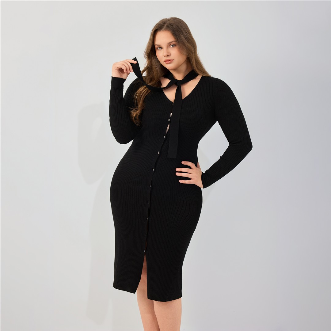 Custom Women Winter Clothes 2026 Spring Plus Size Viscose Rib Knit Dress Tie Neck Button Front Midi Length Chic Elegant Style