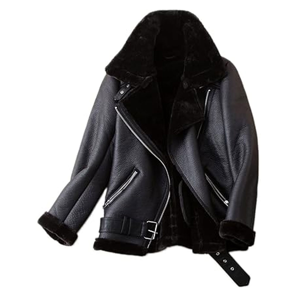 Women's Faux Shearling Moto Jacket Thick Lined Winter Parka Coat Warm Cotton Lining Knitted Breathable Stylish Leather Look