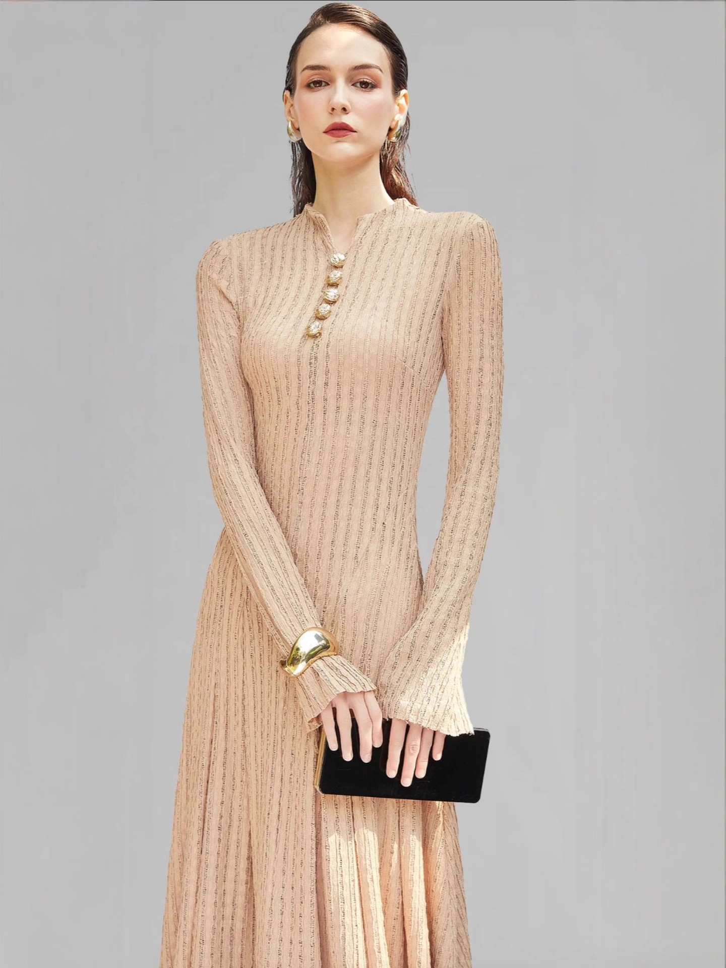 New Design Women's Autumn Winter Dress Round Neck Long Sleeve Camel Long Dress