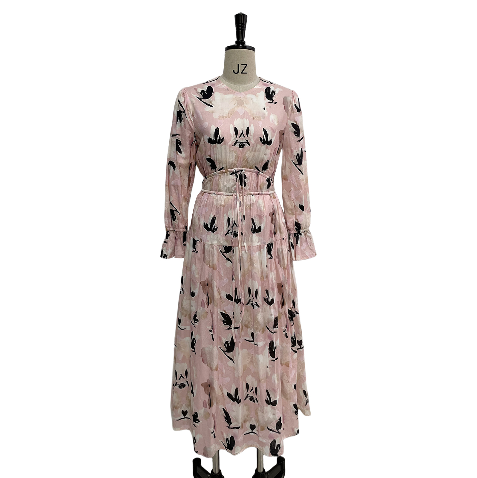 Women's Blush Pink Floral Print Dress with Long Sleeves Cinched Waist Boho Chic Casual Style Clothing for Spring Autumn Winter
