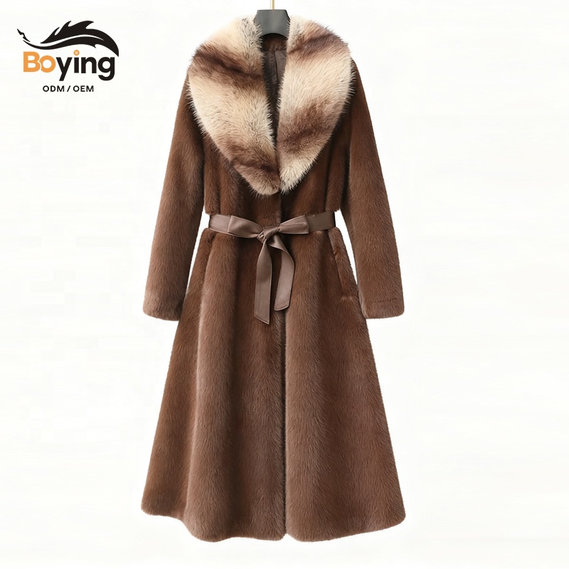 Boying Women's Winter Eco Faux Mink Shearling Single Breasted Overcoat with Large Fur Collar Faux Fur Coat ODM / ODM