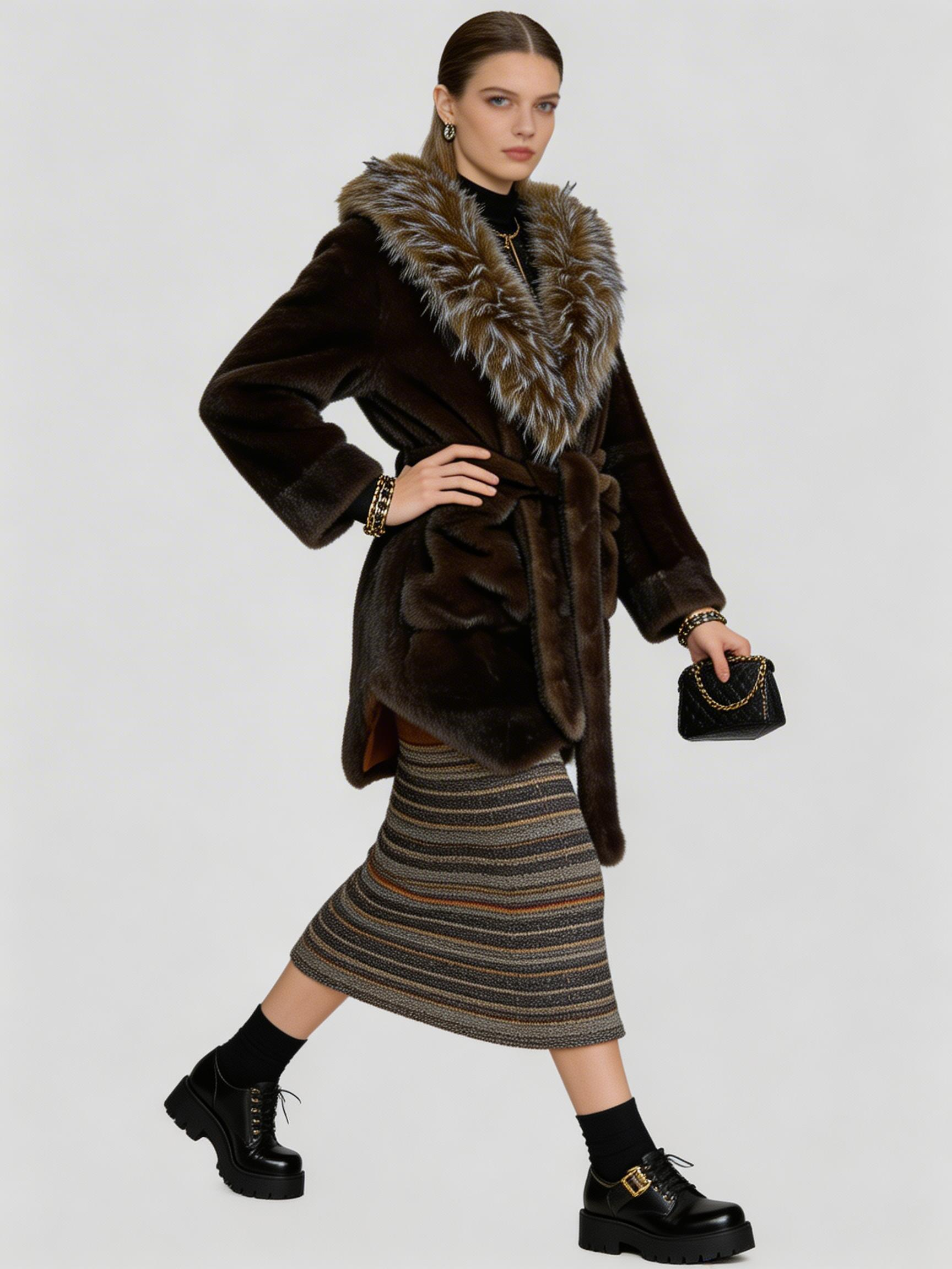 ODM&amp;OEM Fall/Winter Women's Loose Mid-Length Eco-friendly Fur Parka with Long Fur Collar and Belt Design