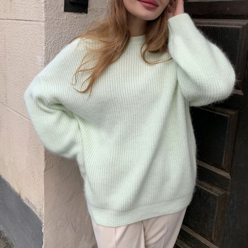Custom Wool Jumper Winter Loose Solid Color Round Neck Pullover Bottoming Women's Cashmere Knitted Sweater