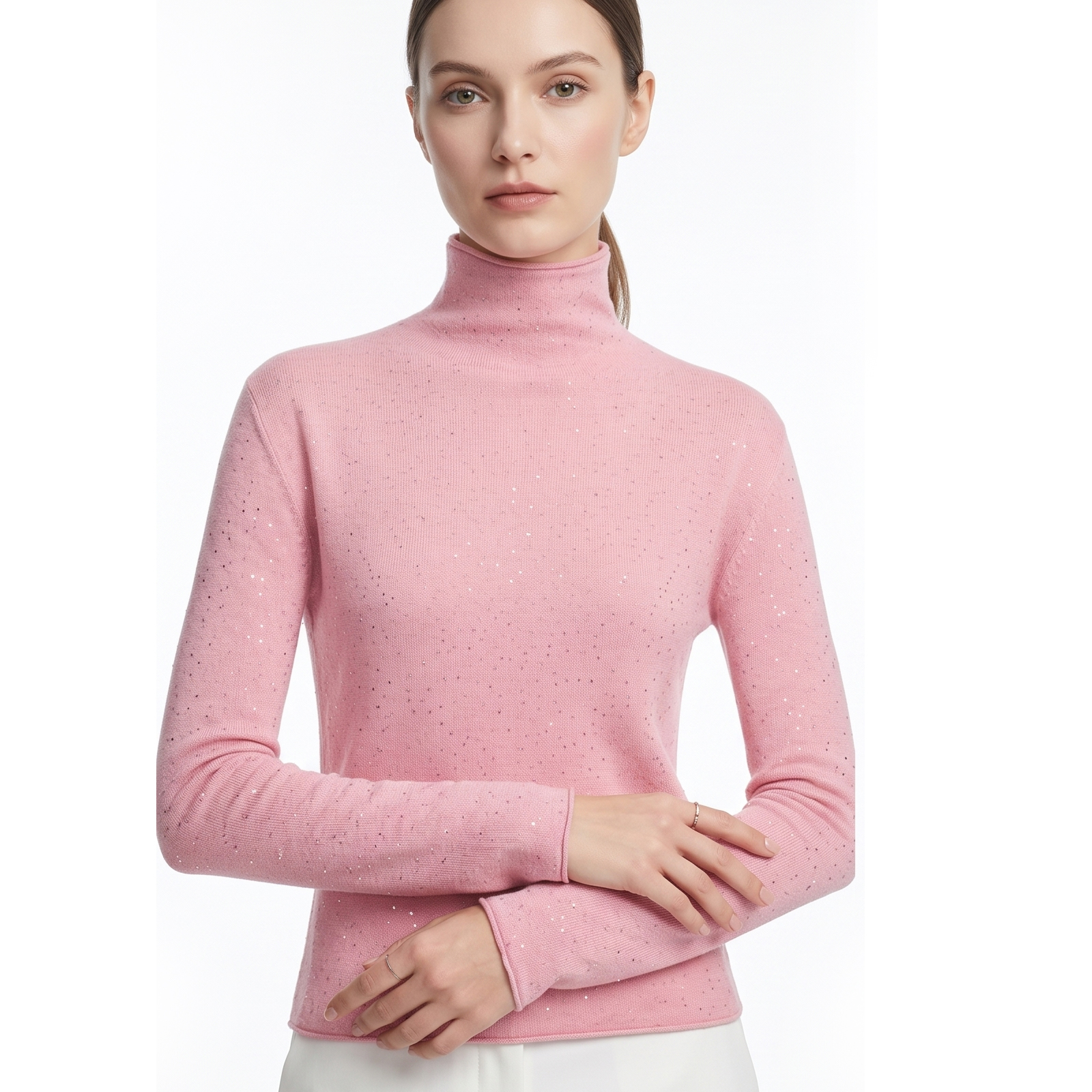 Luxury Silk Women's Turtleneck Knitwear Fine Sequin Sparkle Slim Long Sleeve Anti Static Base Layer Top