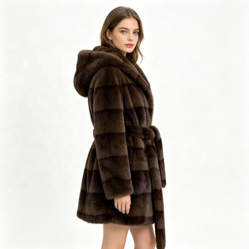 Zeyu Winter Ladies Hooded Faux Fur Mid-Length Woven Elegant Coat With Thick Fluffy Waist Belt ODM
