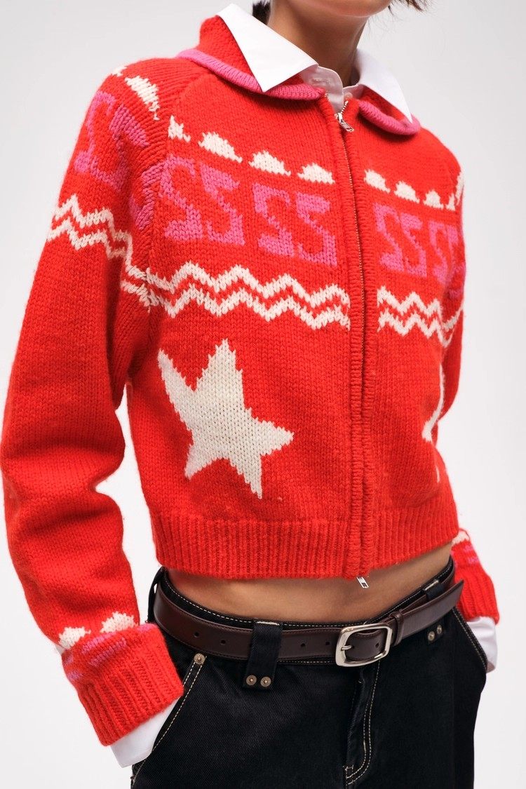 Korean Winter Thick Zipper Solid Color Loose Fit Short Knitted Cardigan Top 7GG Gauge Full Sleeve for Women