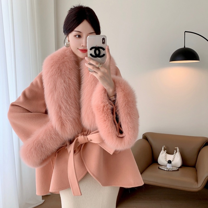 2024 Autumn Winter Collection Elegant Long Women's Overcoat Double-Sided Fox Fur Collar High-End Wool Cashmere Belt Elegant Cape