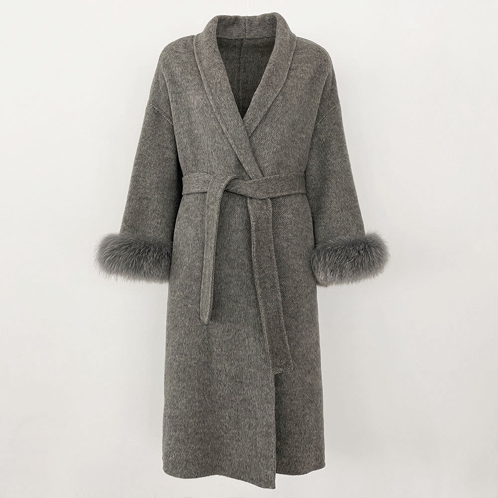 2025 Luxury Women's Double-Faced Woolen Coat Elegant Belted Robe Long Fox Fur Sleeves Casual Cashmere Overcoat for Autumn Winter