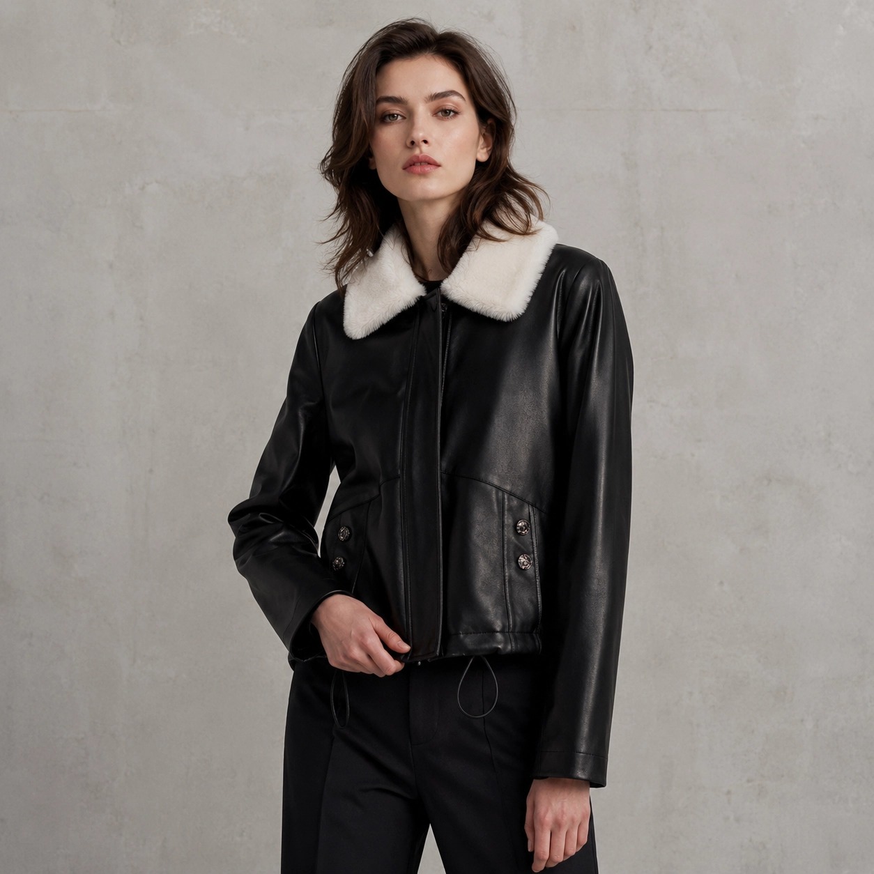 New Autumn Winter Natural Mink Fur Collar Leather Down Jacket, Women's Short Oversized Slimming Puffer with Waist-Tied Hem