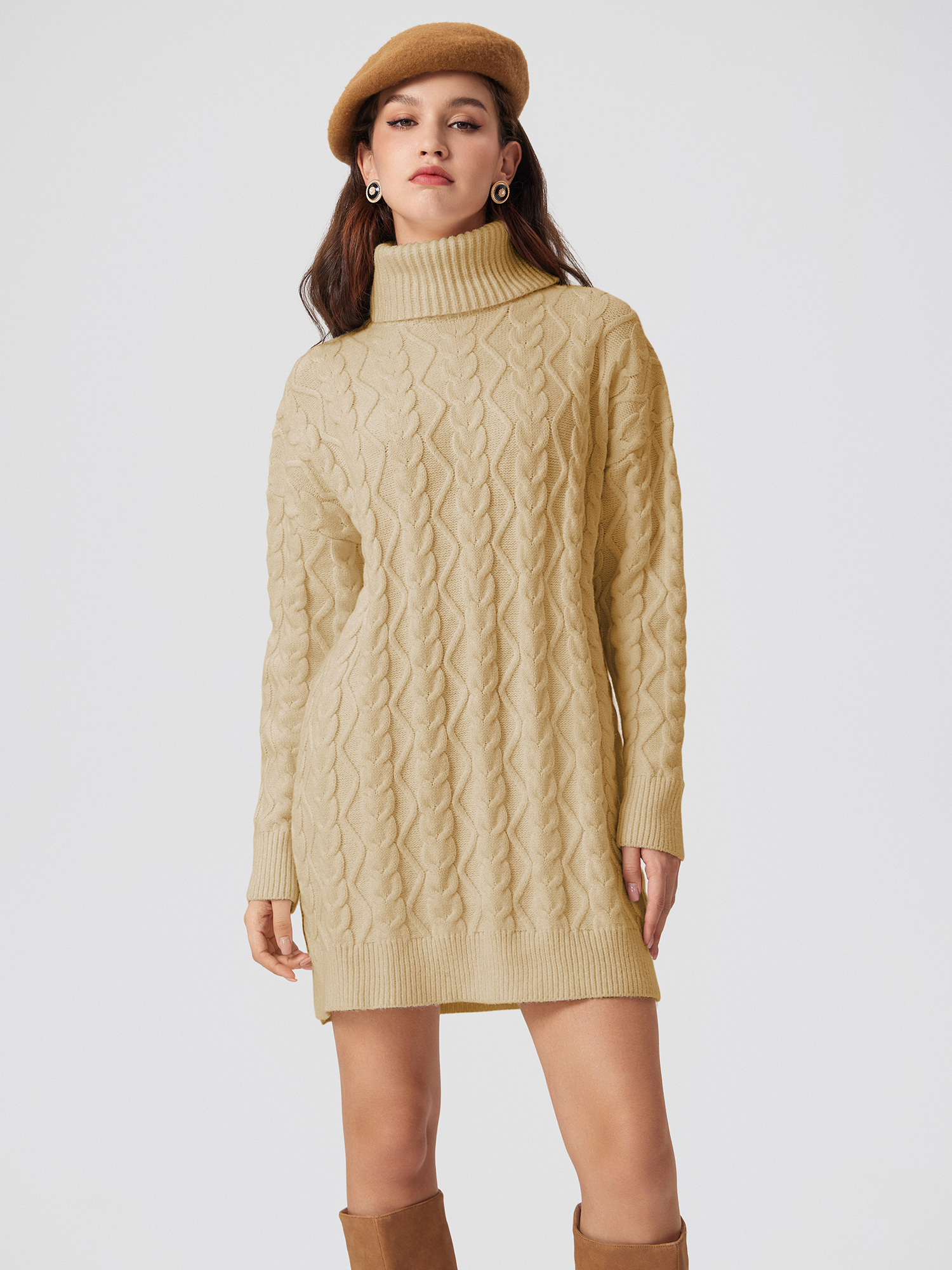 Women's Vintage Elegant Cable Knit Sweater Dress Autumn Winter Crew Neck Mini Dresses Long Sleeve Slim Fit Breathable Polyester