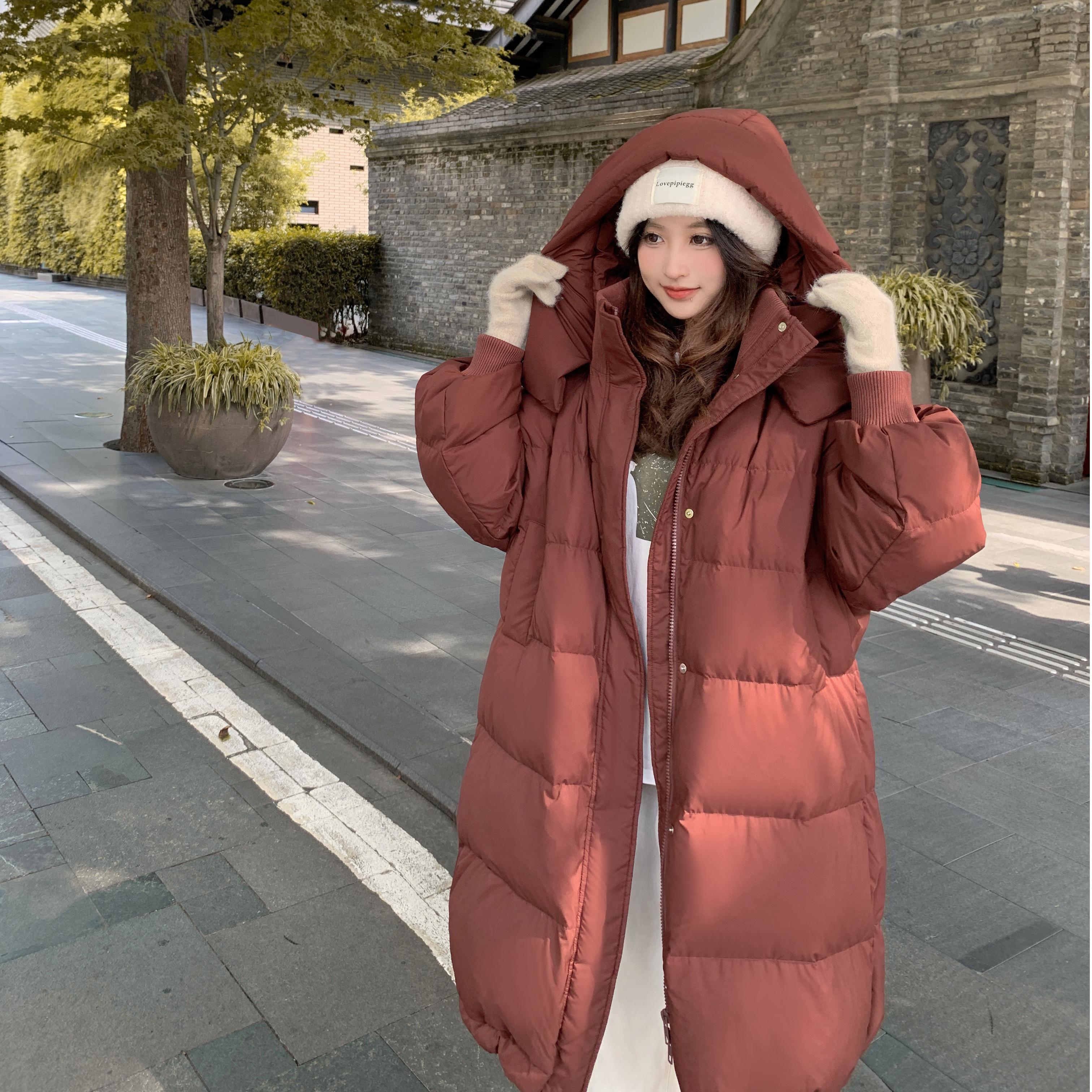 Waterproof Longline Women's Duck Down Puffer with Hood Big Pockets Japanese Korean Aesthetic Warm Winter Coat for Cold Weather