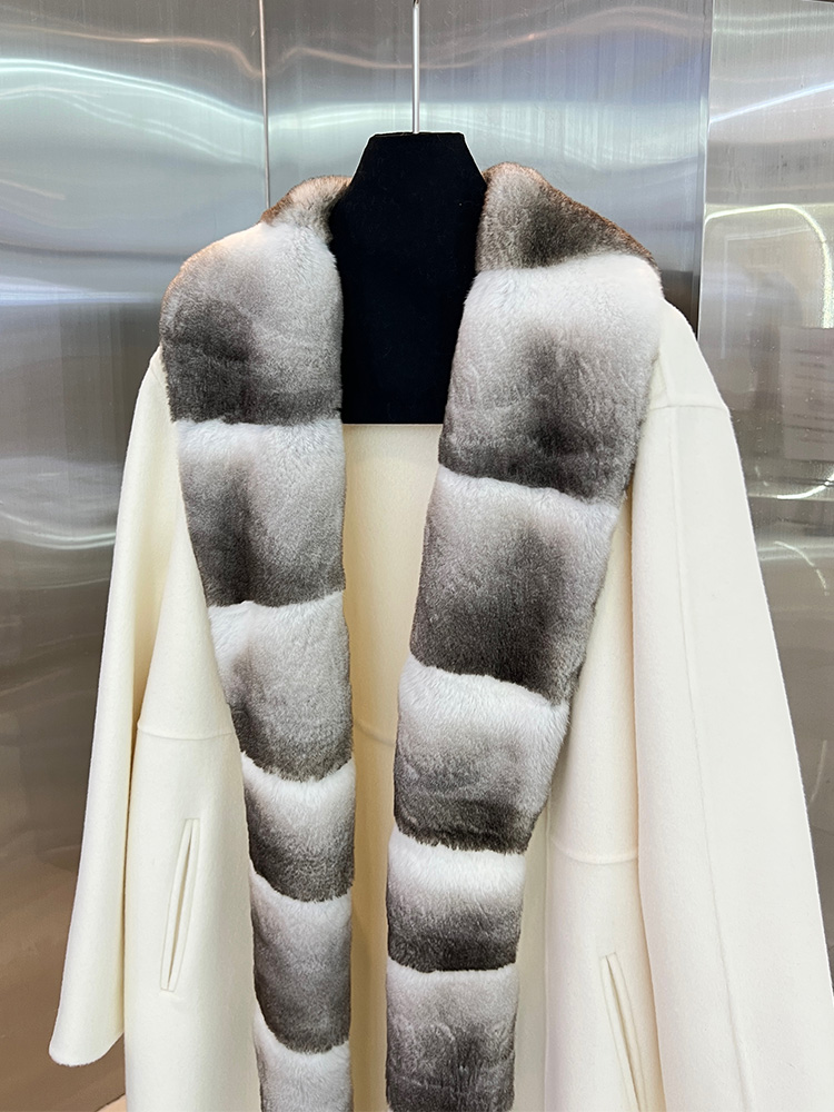 2025 Luxury Design Double Face Cashmere Coat Women Autumn Winter Wool Blend Overcoat Rex Rabbit Fur Placket