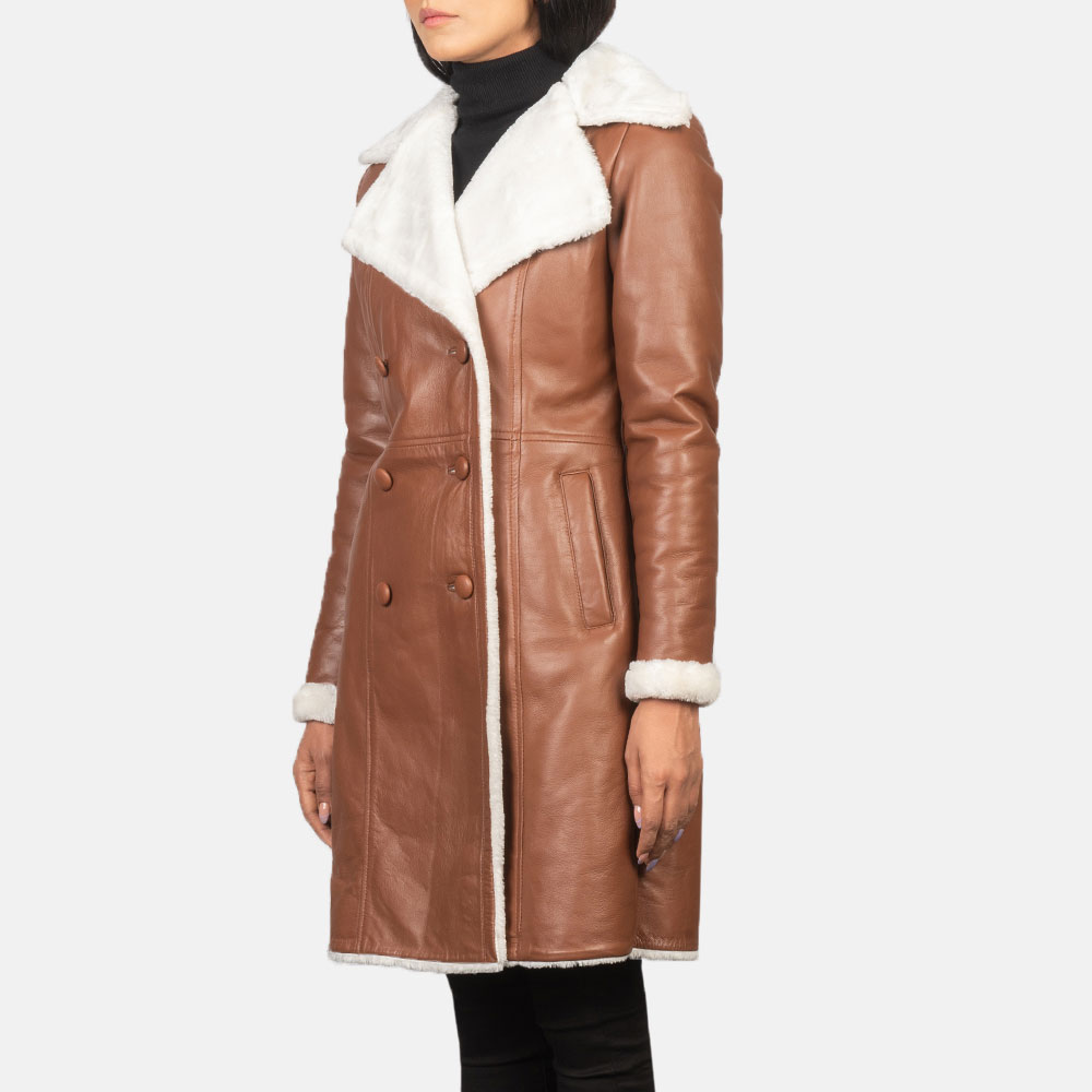 Women's Brown Double Breasted Shearling Coat genuine Winter Warm Faux Fur Lined Long Jacket Lapel Collar Button Closure